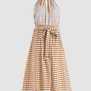 Dress long backless, light in 100% poly, summer dress, halter closeup, NewTag